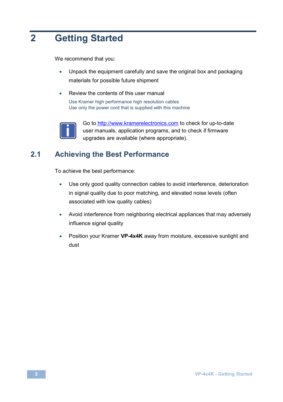 2 getting started, 1 achieving the best performance, Getting started | Achieving the best performance, 2getting started | Kramer Electronics VP-4x4K User Manual | Page 6 / 61