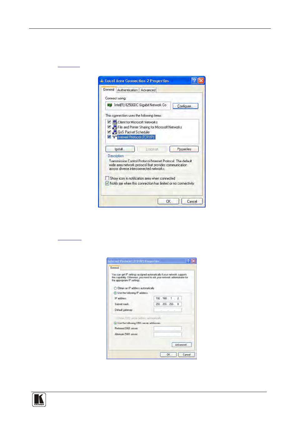 Figure 6: local area connection properties window | Kramer Electronics VP-4x8AK User Manual | Page 19 / 56
