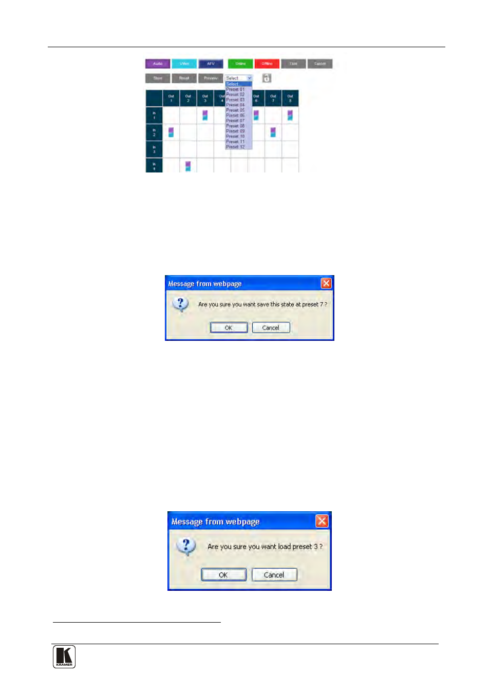Figure 23: selecting a preset, Figure 24: save preset message, Figure 25: load preset message | Kramer Electronics VP-4x8AK User Manual | Page 35 / 56