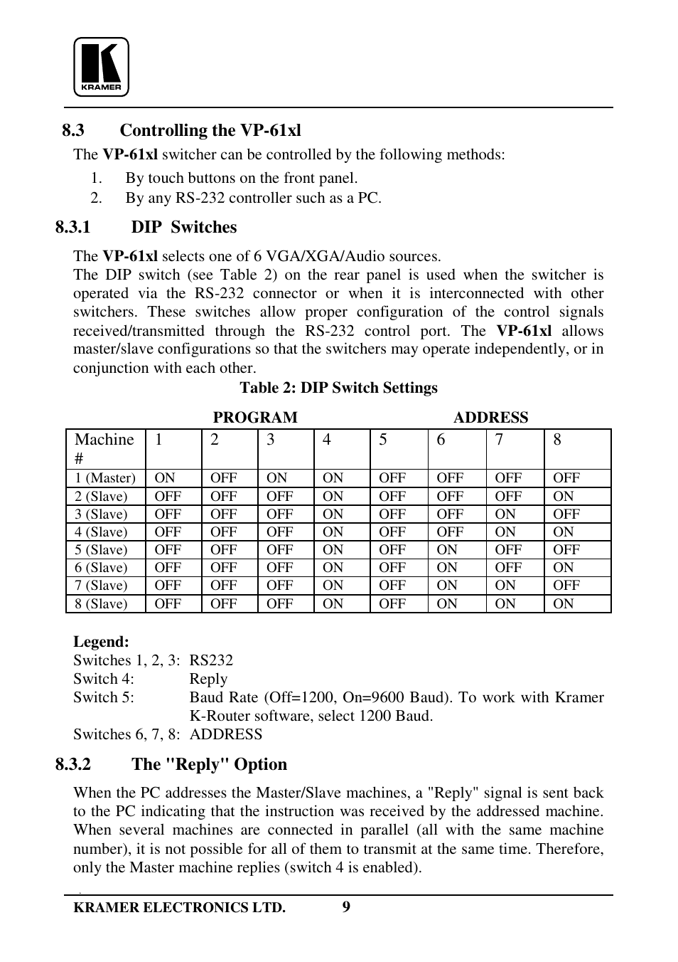 3 controlling the vp-61xl, 1 dip switches, 2 the "reply" option | Kramer Electronics VP-61xl User Manual | Page 10 / 16