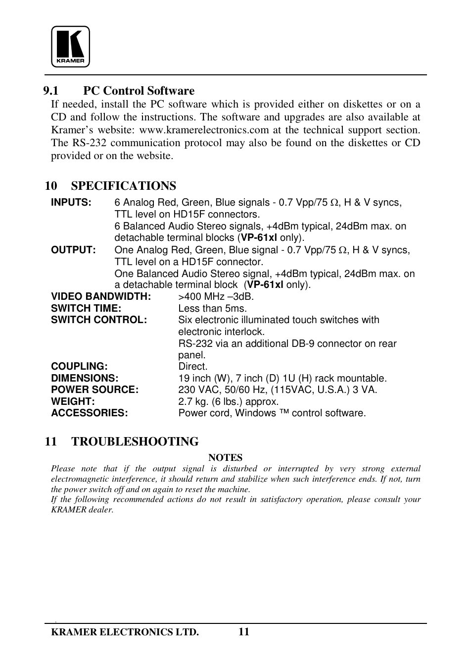 1 pc control software, 10 specifications, 11 troubleshooting | Kramer Electronics VP-61xl User Manual | Page 12 / 16
