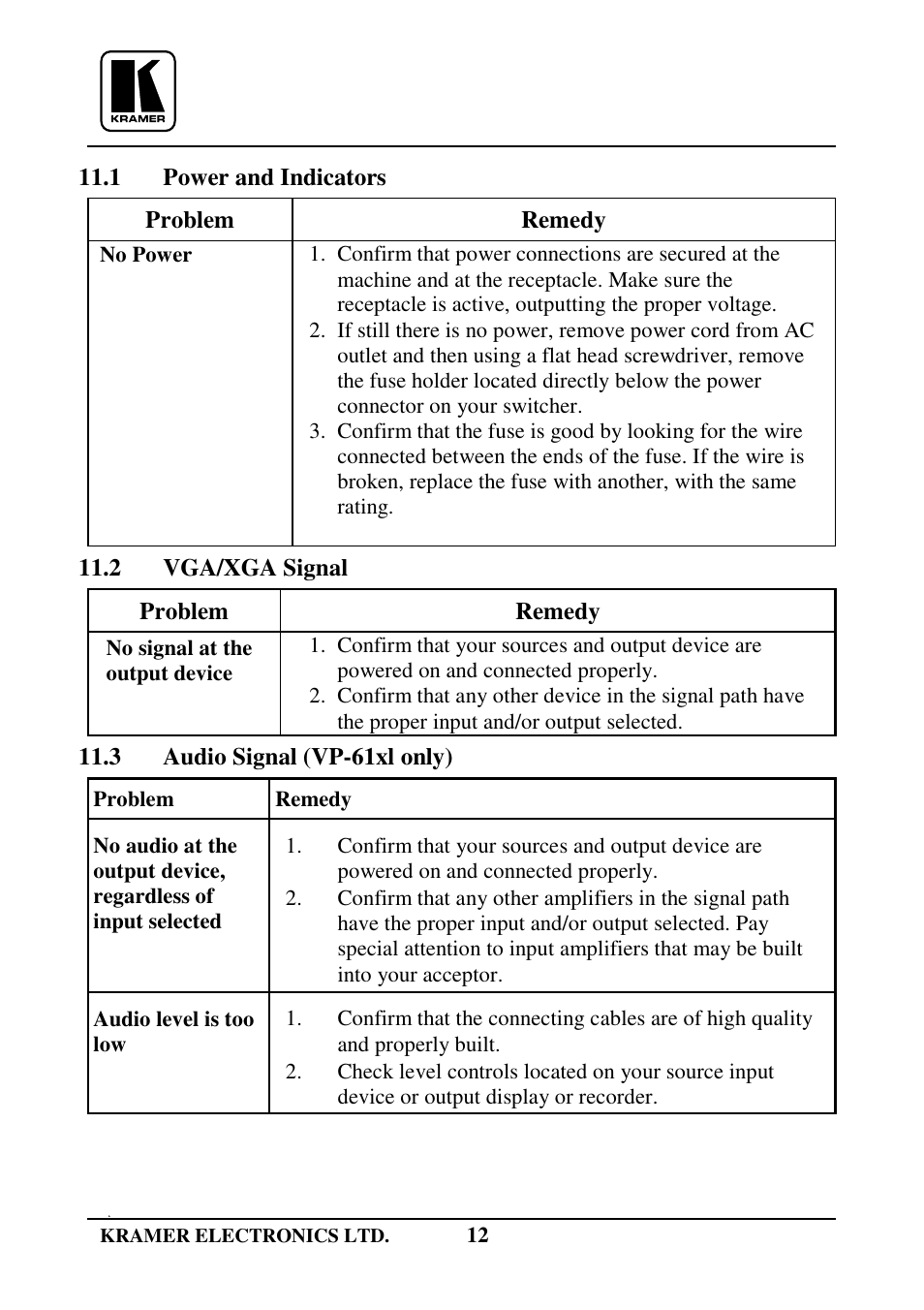 Kramer Electronics VP-61xl User Manual | Page 13 / 16