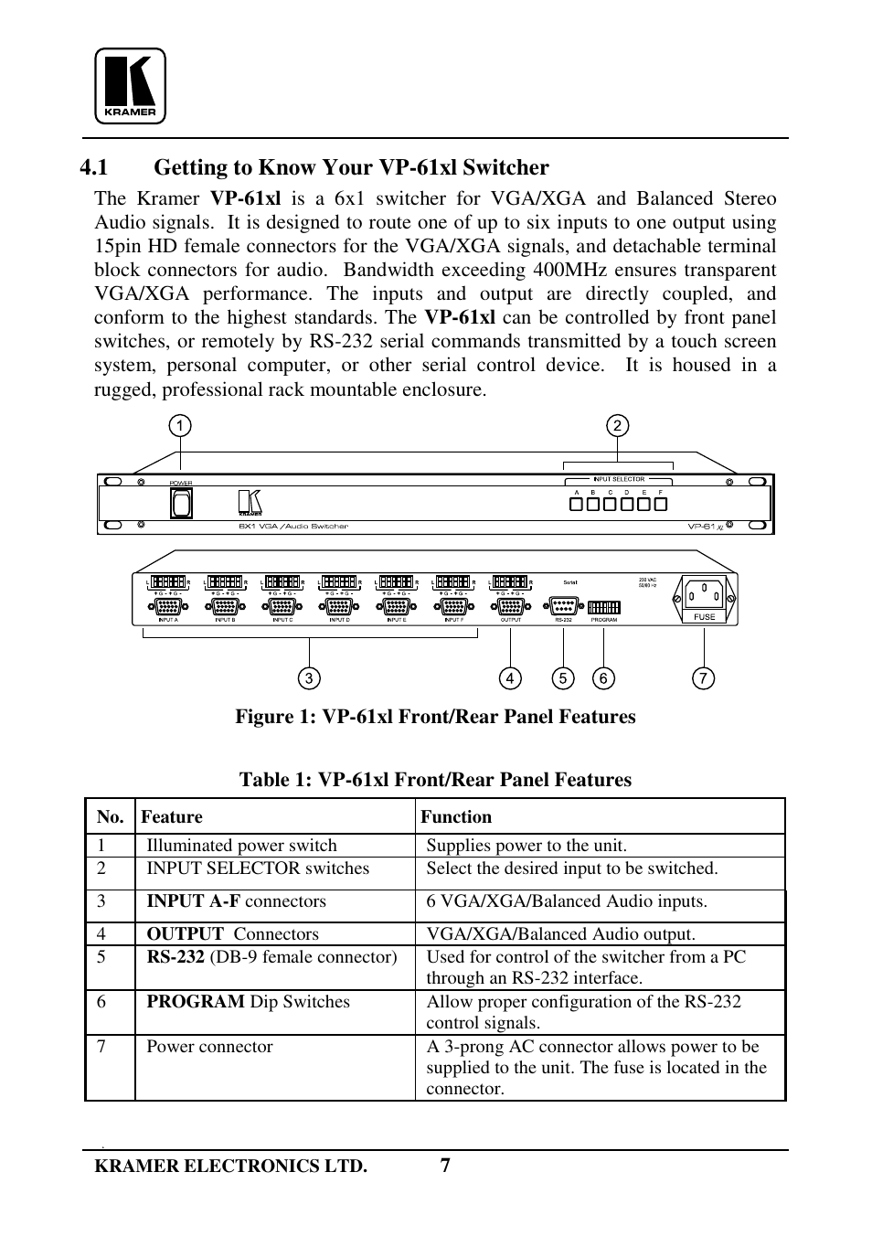 1 getting to know your vp-61xl switcher | Kramer Electronics VP-61xl User Manual | Page 8 / 16