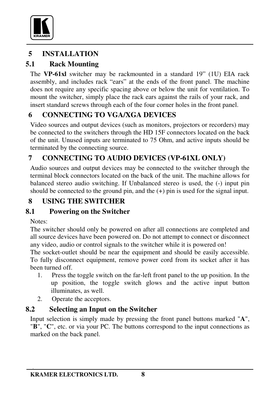 Kramer Electronics VP-61xl User Manual | Page 9 / 16