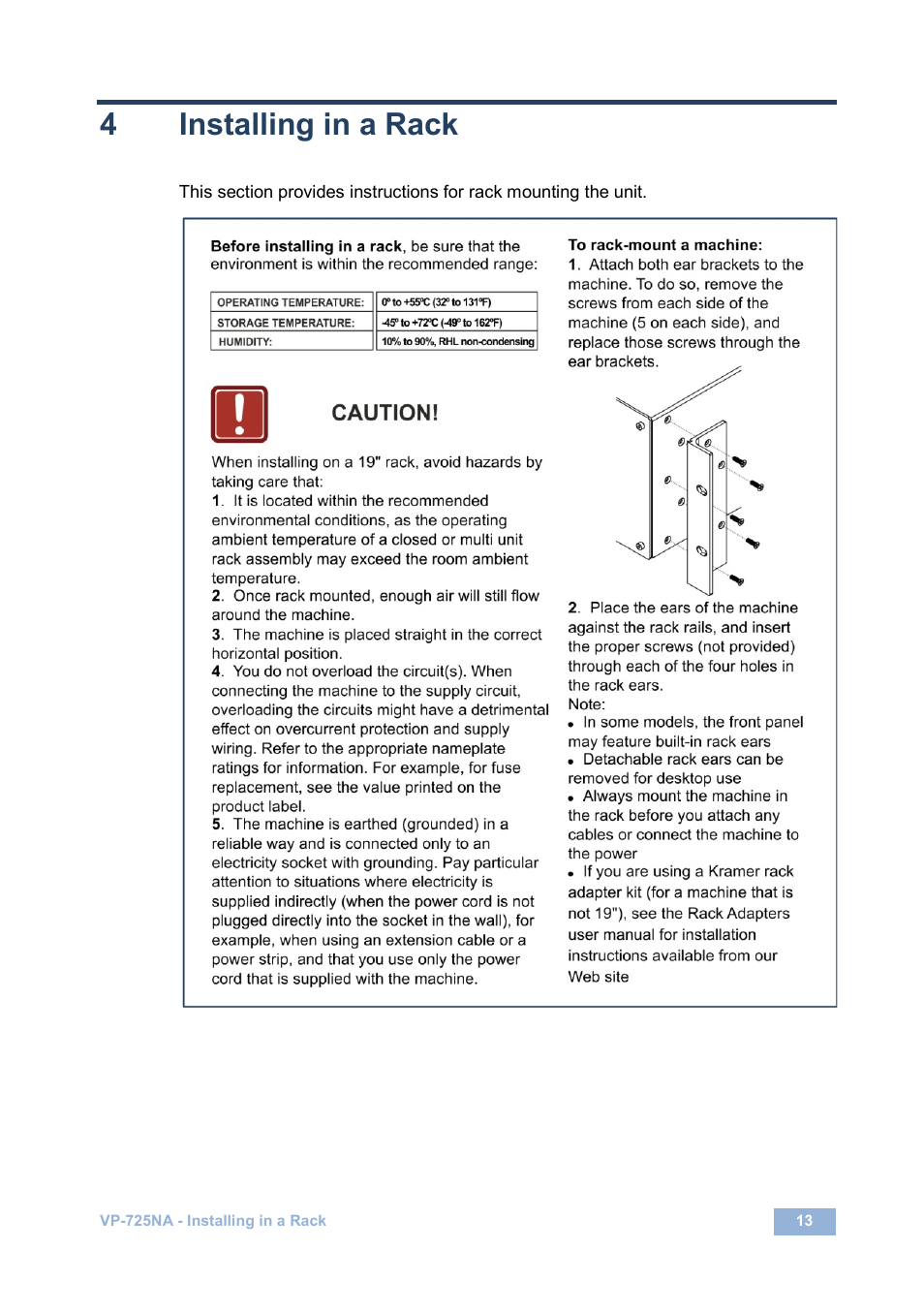4 installing in a rack, Installing in a rack, 4installing in a rack | Kramer Electronics VP-725NA User Manual | Page 18 / 73