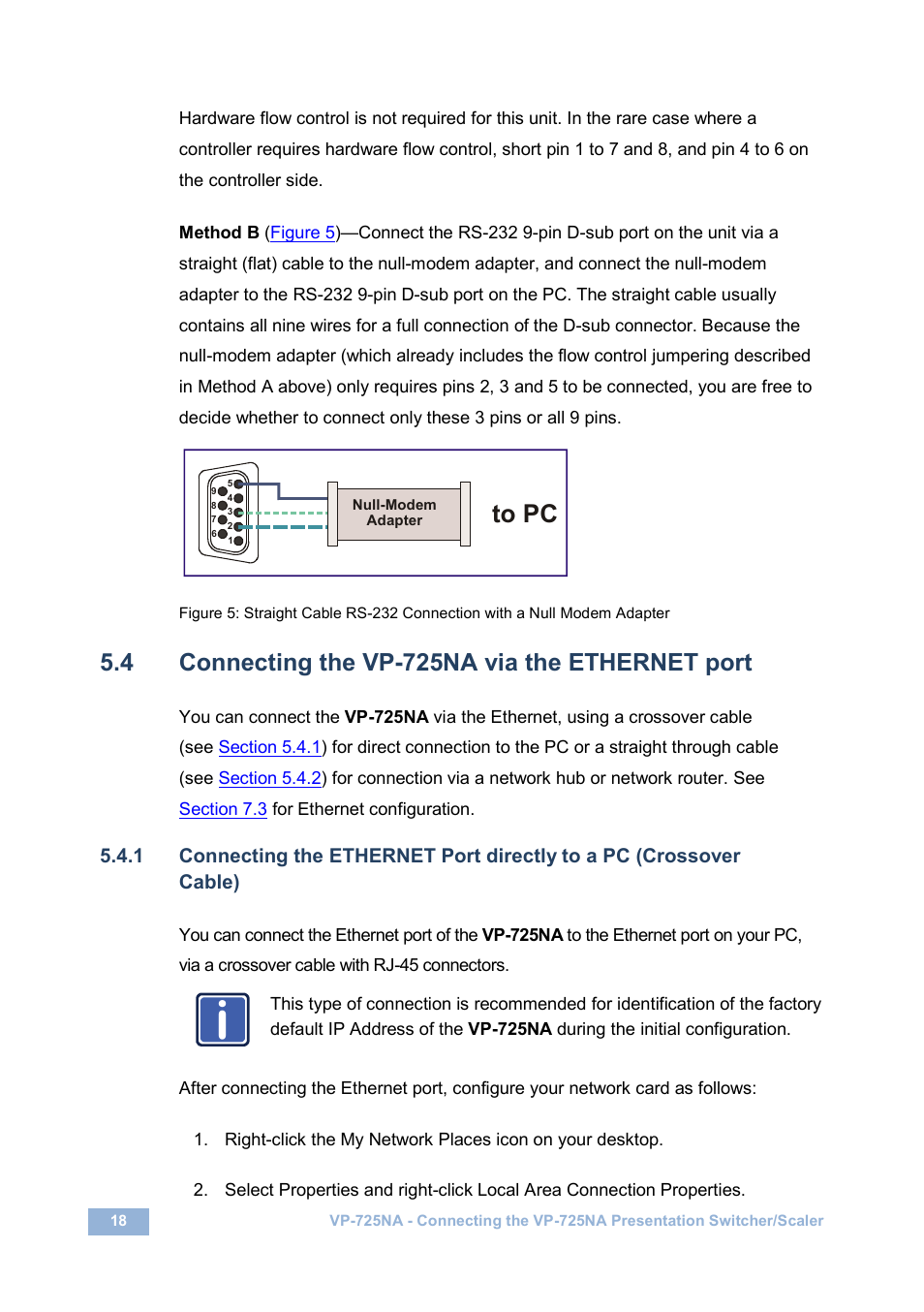 4 connecting the vp-725na via the ethernet port, Connecting the vp-725na via the ethernet port, N 5.4 | On 5.4 | Kramer Electronics VP-725NA User Manual | Page 23 / 73