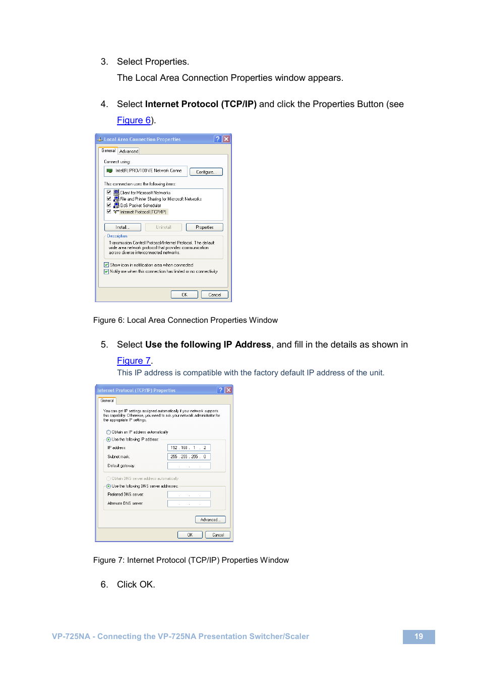 Figure 6: local area connection properties window | Kramer Electronics VP-725NA User Manual | Page 24 / 73
