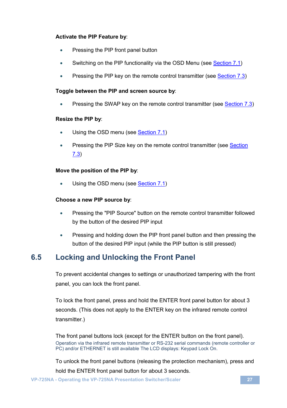 5 locking and unlocking the front panel, Locking and unlocking the front panel, N 6.5 | Kramer Electronics VP-725NA User Manual | Page 32 / 73