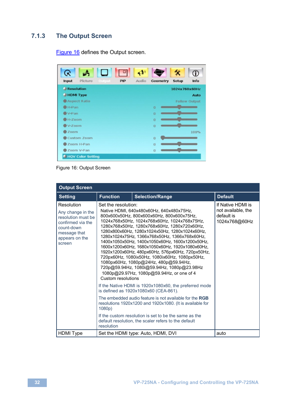 3 the output screen, Figure 16: output screen | Kramer Electronics VP-725NA User Manual | Page 37 / 73
