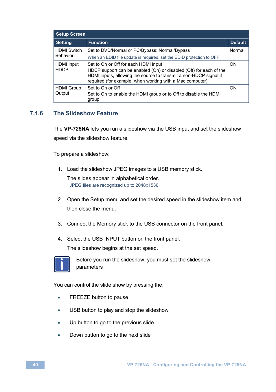 6 the slideshow feature, On 7.1.6 | Kramer Electronics VP-725NA User Manual | Page 45 / 73