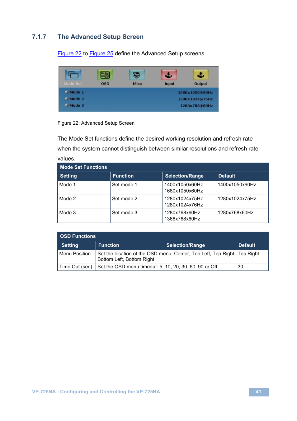 7 the advanced setup screen, Figure 22: advanced setup screen, Figure 22 | N 7.1.7 | Kramer Electronics VP-725NA User Manual | Page 46 / 73