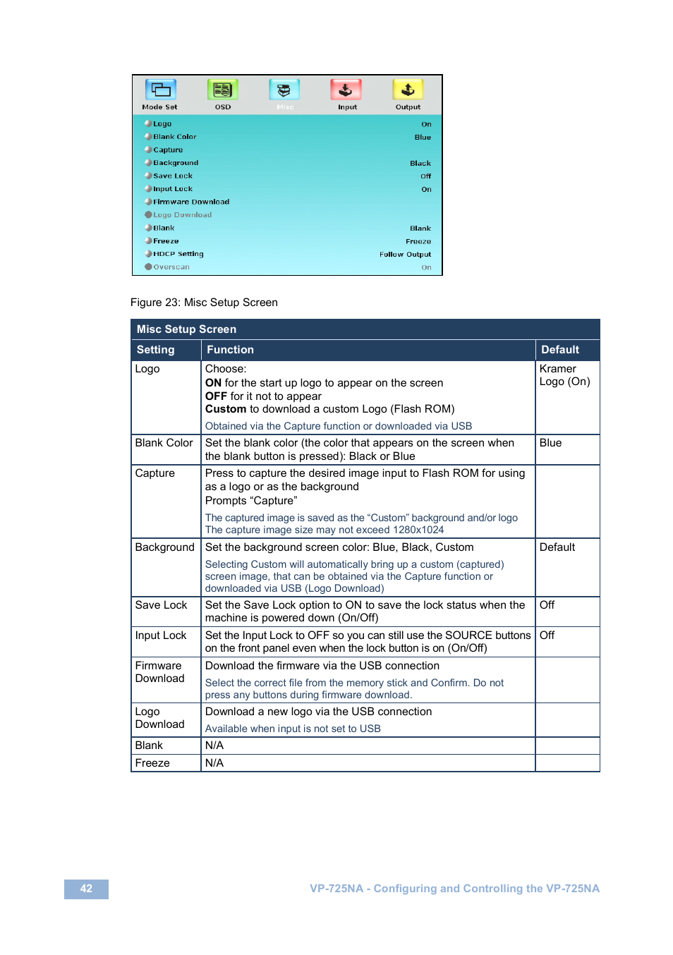 Figure 23: misc setup screen | Kramer Electronics VP-725NA User Manual | Page 47 / 73