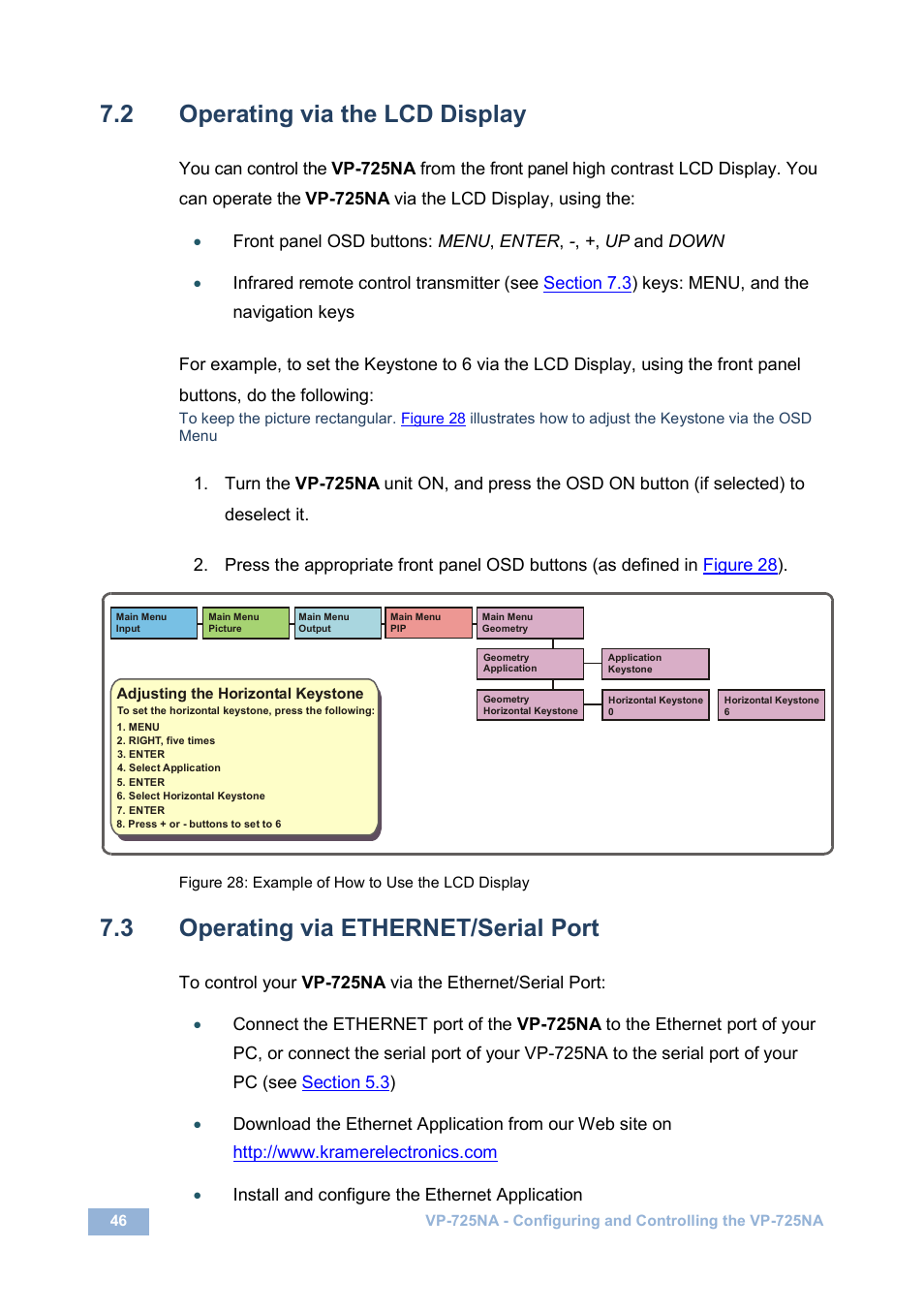 2 operating via the lcd display, 3 operating via ethernet/serial port, Operating via the lcd display | Operating via ethernet/serial port, Figure 28: example of how to use the lcd display, On 7.2, On 7.3, N 7.2, N 7.3 | Kramer Electronics VP-725NA User Manual | Page 51 / 73