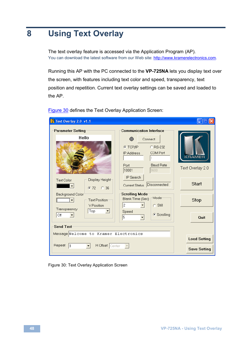 8 using text overlay, Using text overlay, Figure 30: text overlay application screen | 8using text overlay | Kramer Electronics VP-725NA User Manual | Page 53 / 73