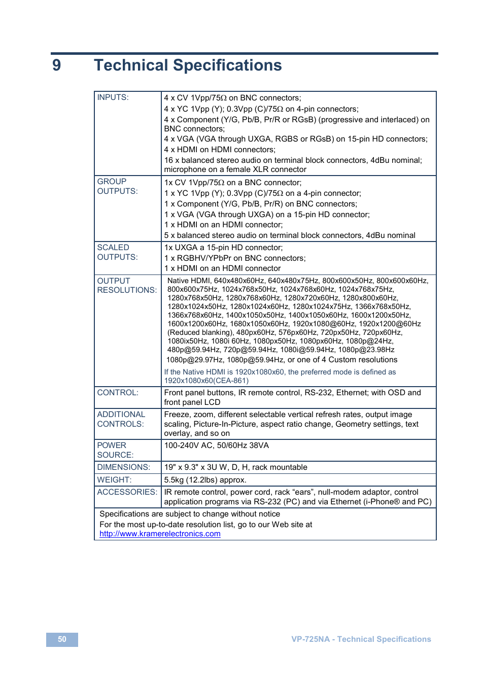 9 technical specifications, Technical specifications, 9technical specifications | Kramer Electronics VP-725NA User Manual | Page 55 / 73