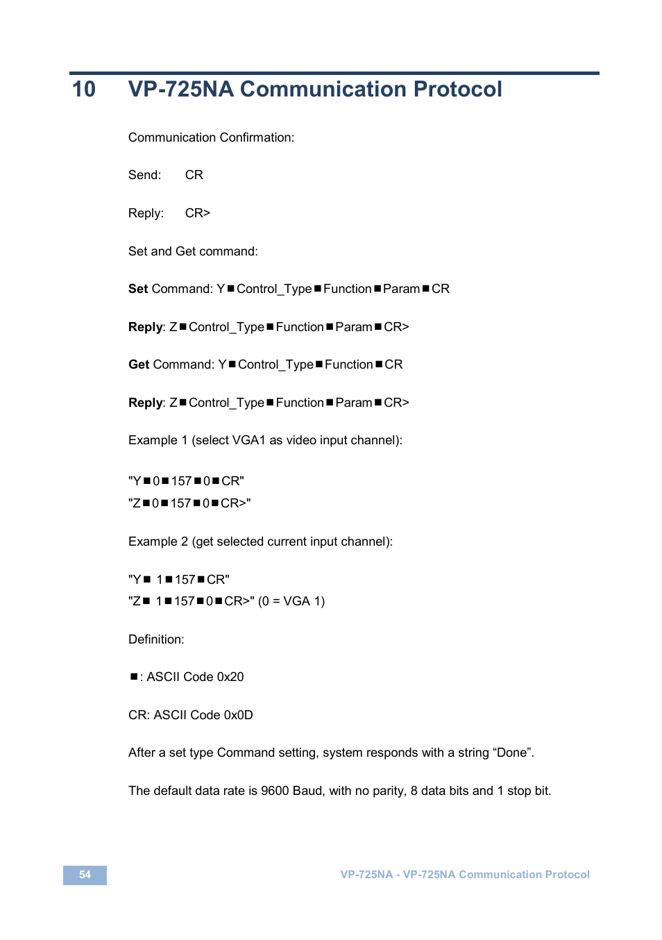 10 vp-725na communication protocol, Vp-725na communication protocol | Kramer Electronics VP-725NA User Manual | Page 59 / 73
