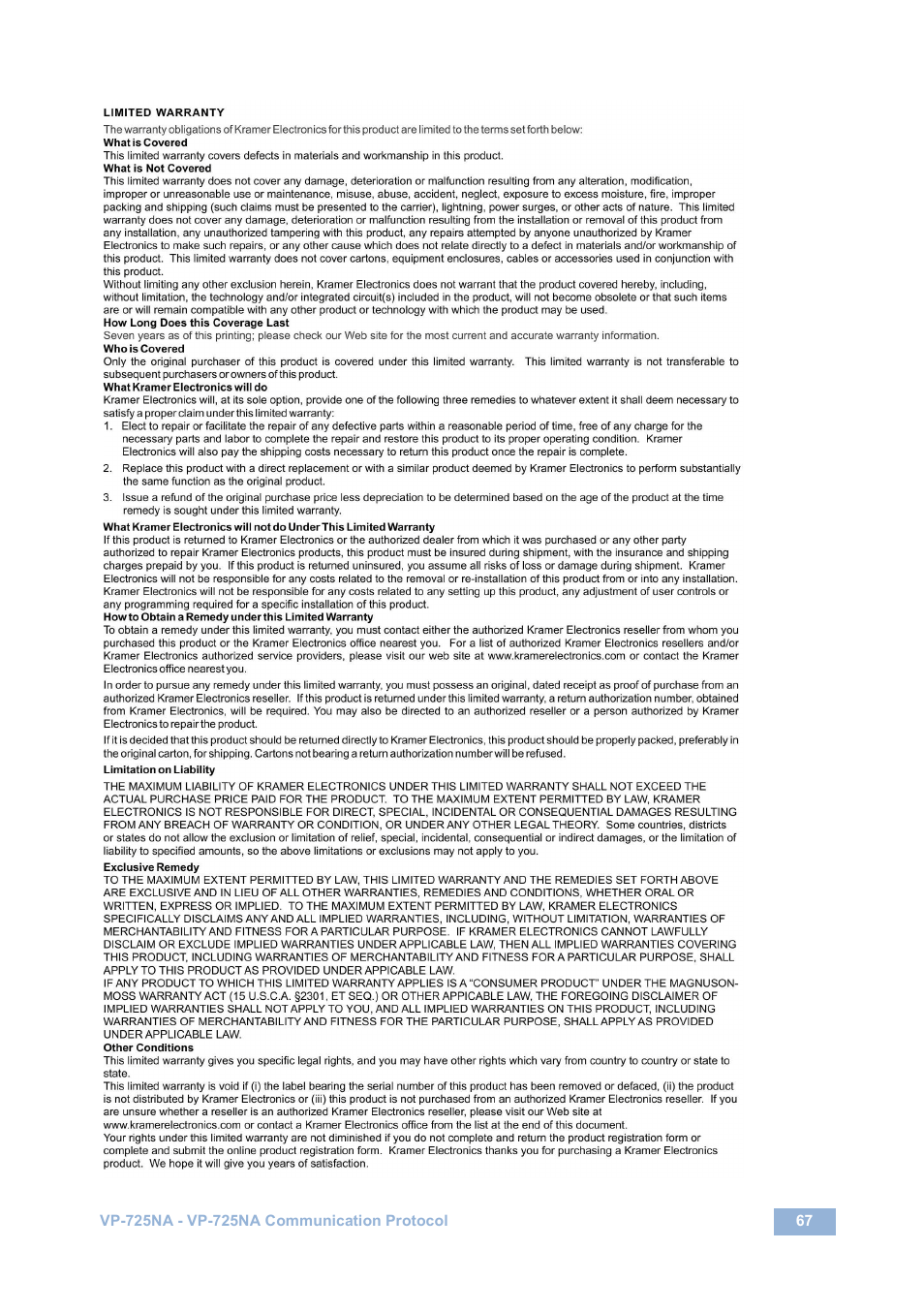 Kramer Electronics VP-725NA User Manual | Page 72 / 73