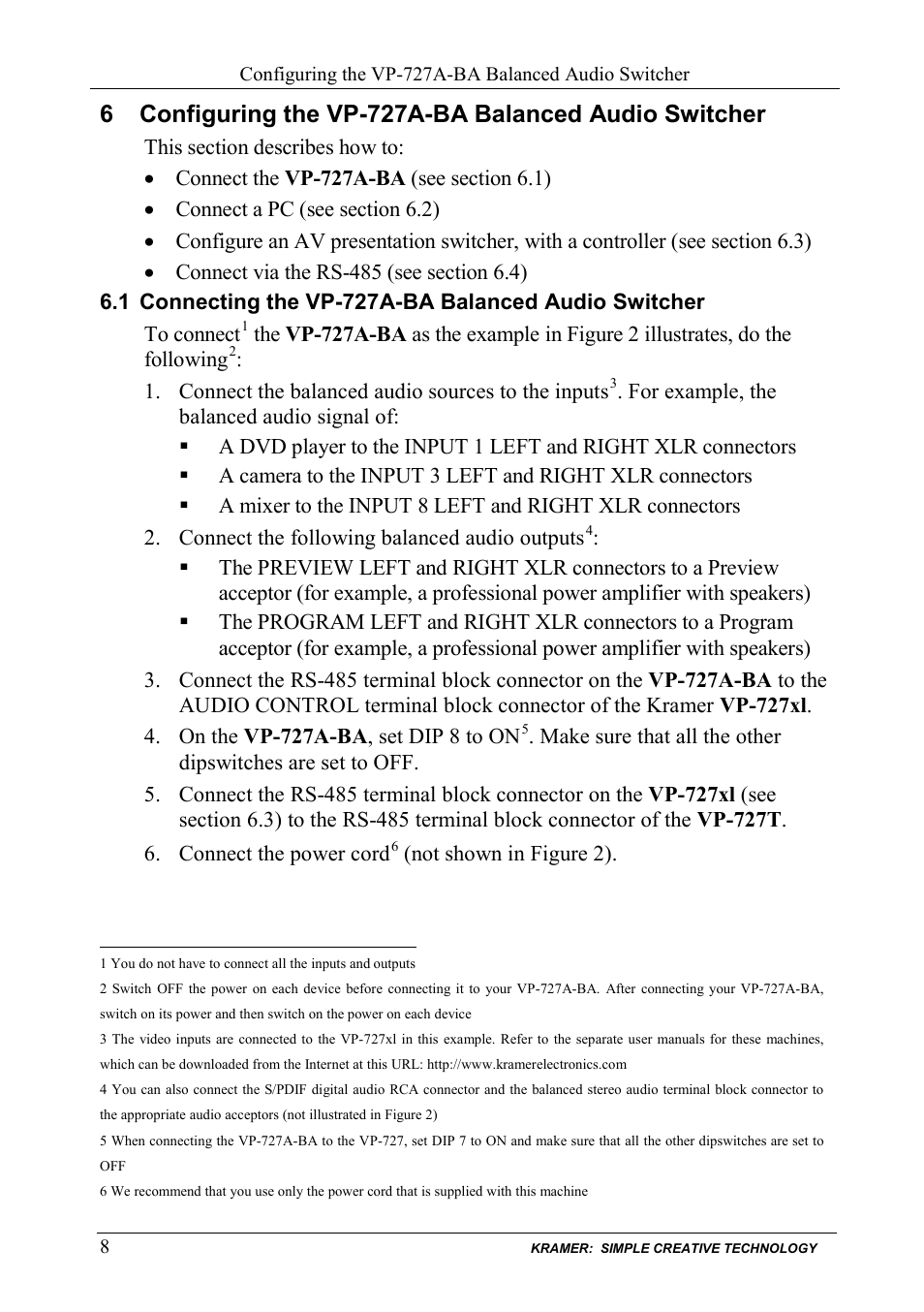 Configuring the vp-727a-ba balanced audio switcher, Connecting the vp-727a-ba balanced audio switcher | Kramer Electronics VP-727A-BA User Manual | Page 10 / 32