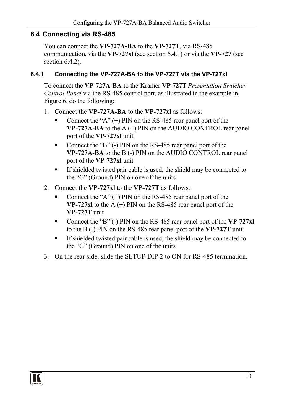 4 connecting via rs-485, Connecting via rs-485, On 6.4) | Kramer Electronics VP-727A-BA User Manual | Page 15 / 32