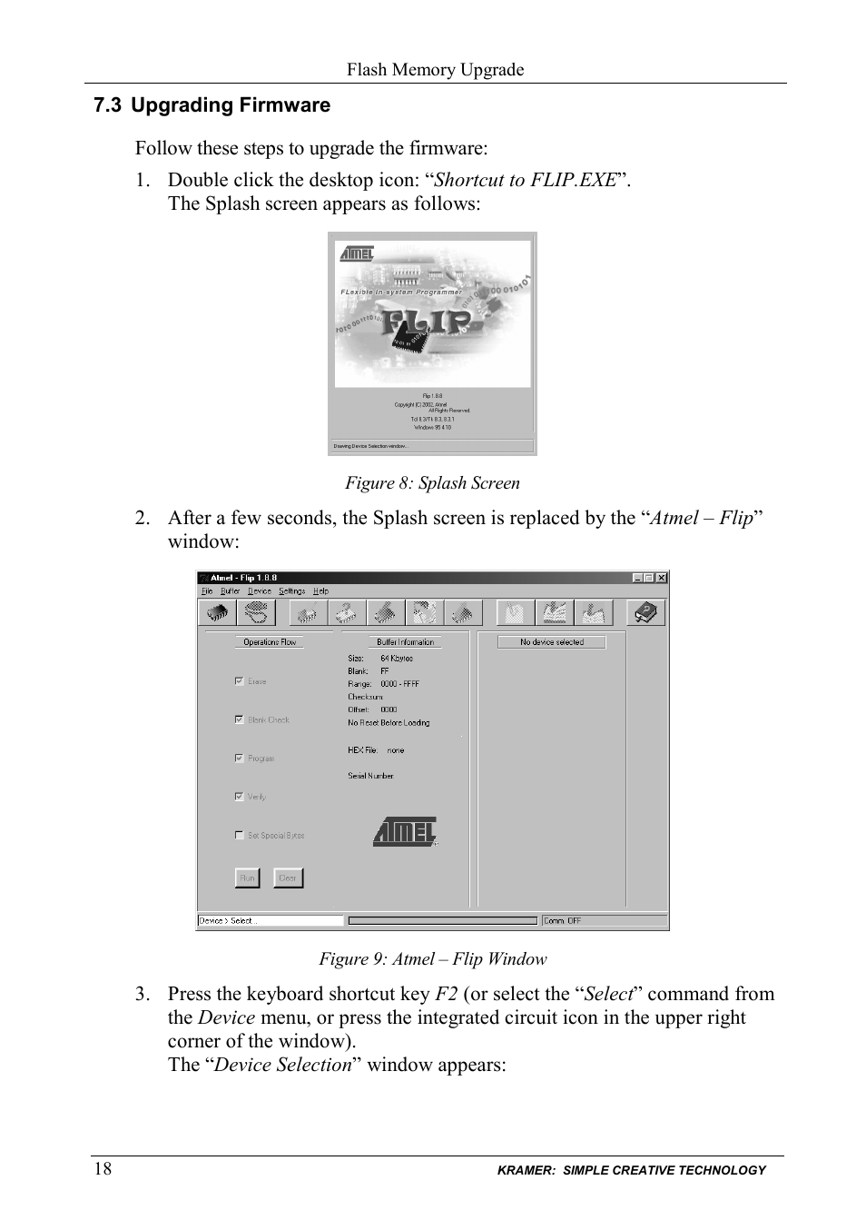 3 upgrading firmware, Upgrading firmware, Figure 8: splash screen | Figure 9: atmel – flip window, N 7.3) | Kramer Electronics VP-727A-BA User Manual | Page 20 / 32