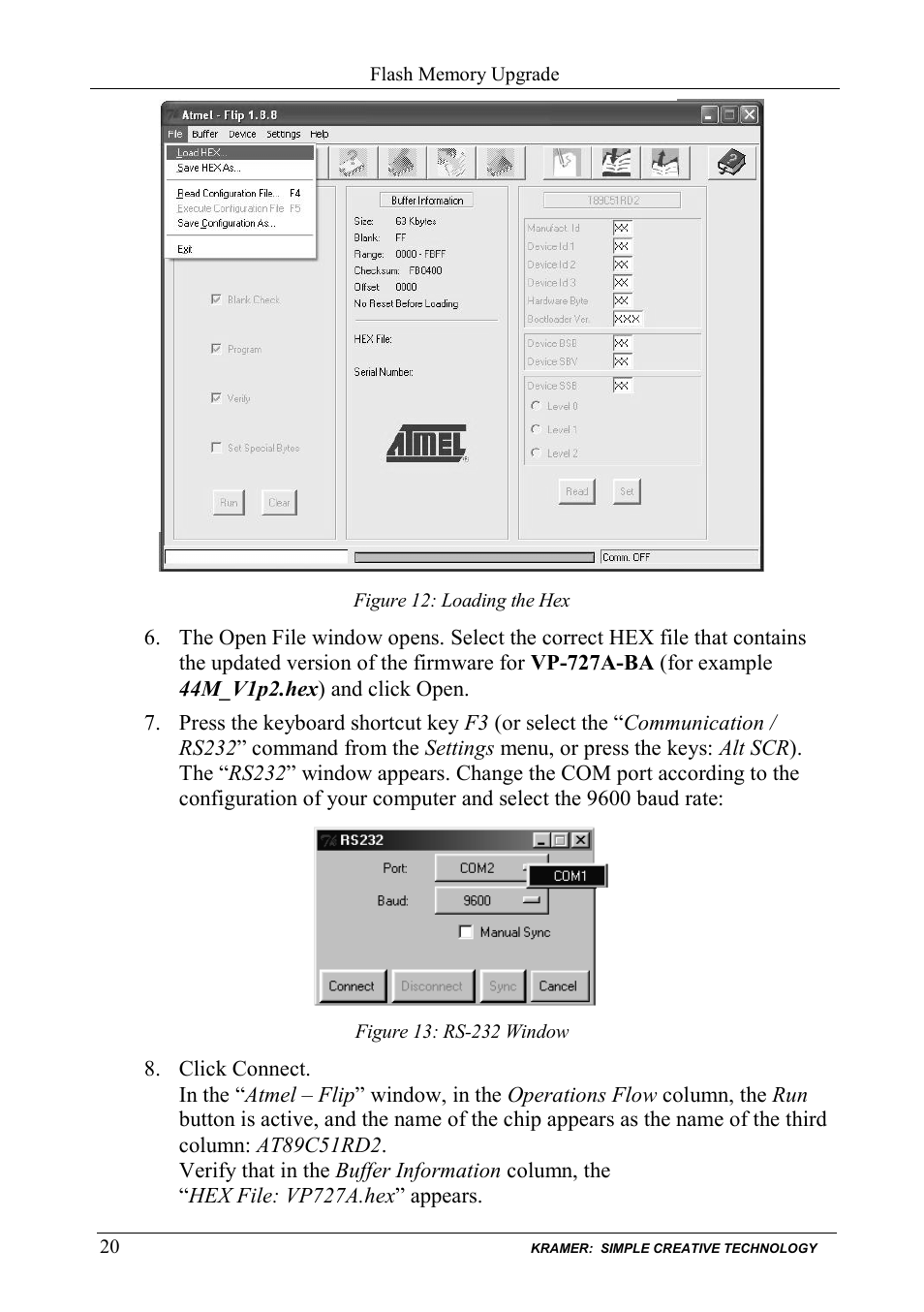 Figure 12: loading the hex, Figure 13: rs-232 window | Kramer Electronics VP-727A-BA User Manual | Page 22 / 32