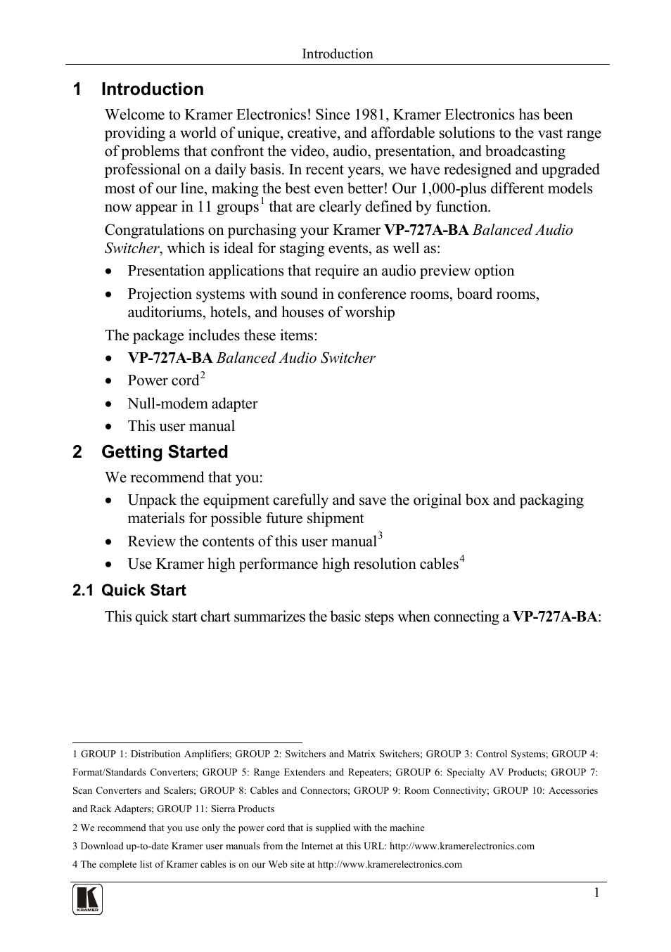 1 introduction, 2 getting started, 1 quick start | Introduction, Getting started, Quick start | Kramer Electronics VP-727A-BA User Manual | Page 3 / 32