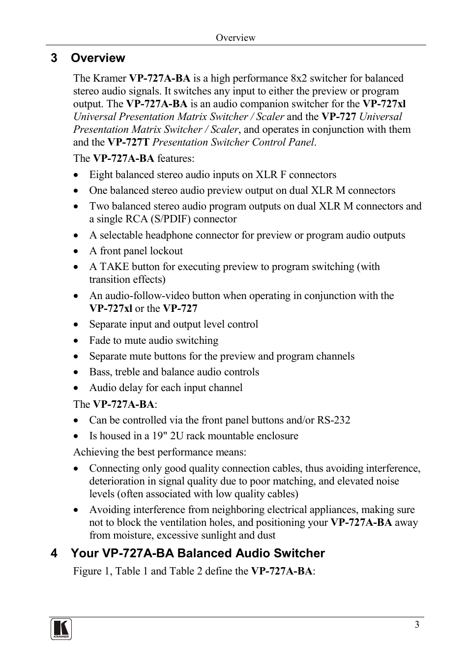 3 overview, 4 your vp-727a-ba balanced audio switcher, Overview | Your vp-727a-ba balanced audio switcher | Kramer Electronics VP-727A-BA User Manual | Page 5 / 32