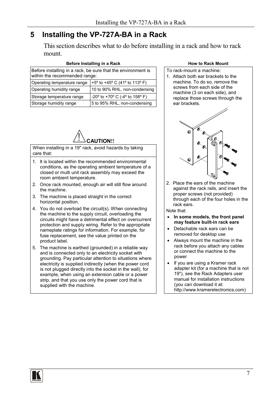 5 installing the vp-727a-ba in a rack, Installing the vp-727a-ba in a rack | Kramer Electronics VP-727A-BA User Manual | Page 9 / 32