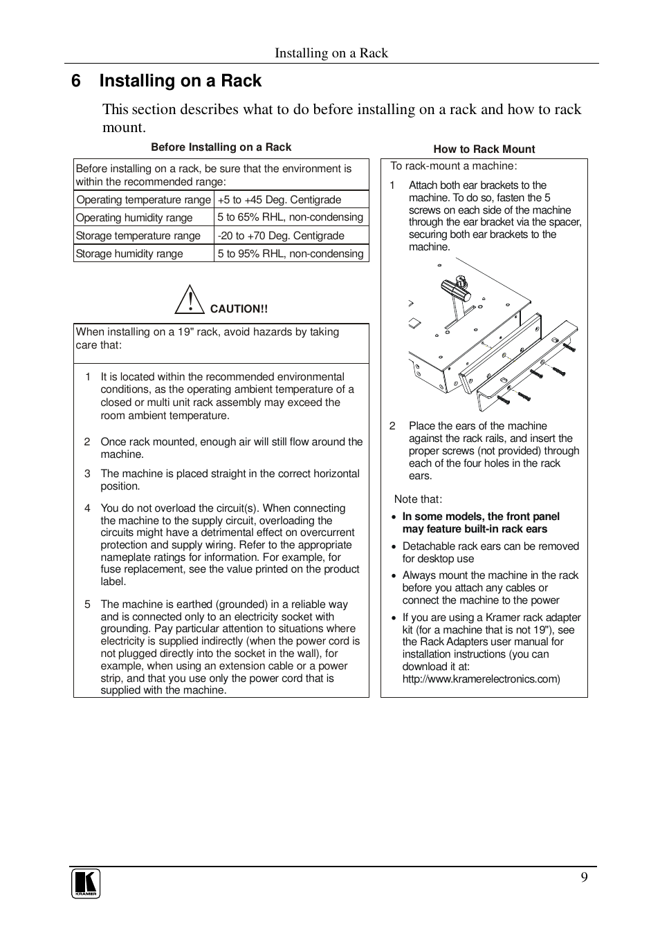 6 installing on a rack, Installing on a rack | Kramer Electronics VP-727T User Manual | Page 11 / 19