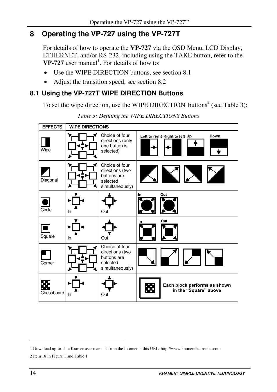 Buttons, See table 3), Table 3: defining the wipe directions buttons | Kramer Electronics VP-727T User Manual | Page 16 / 19