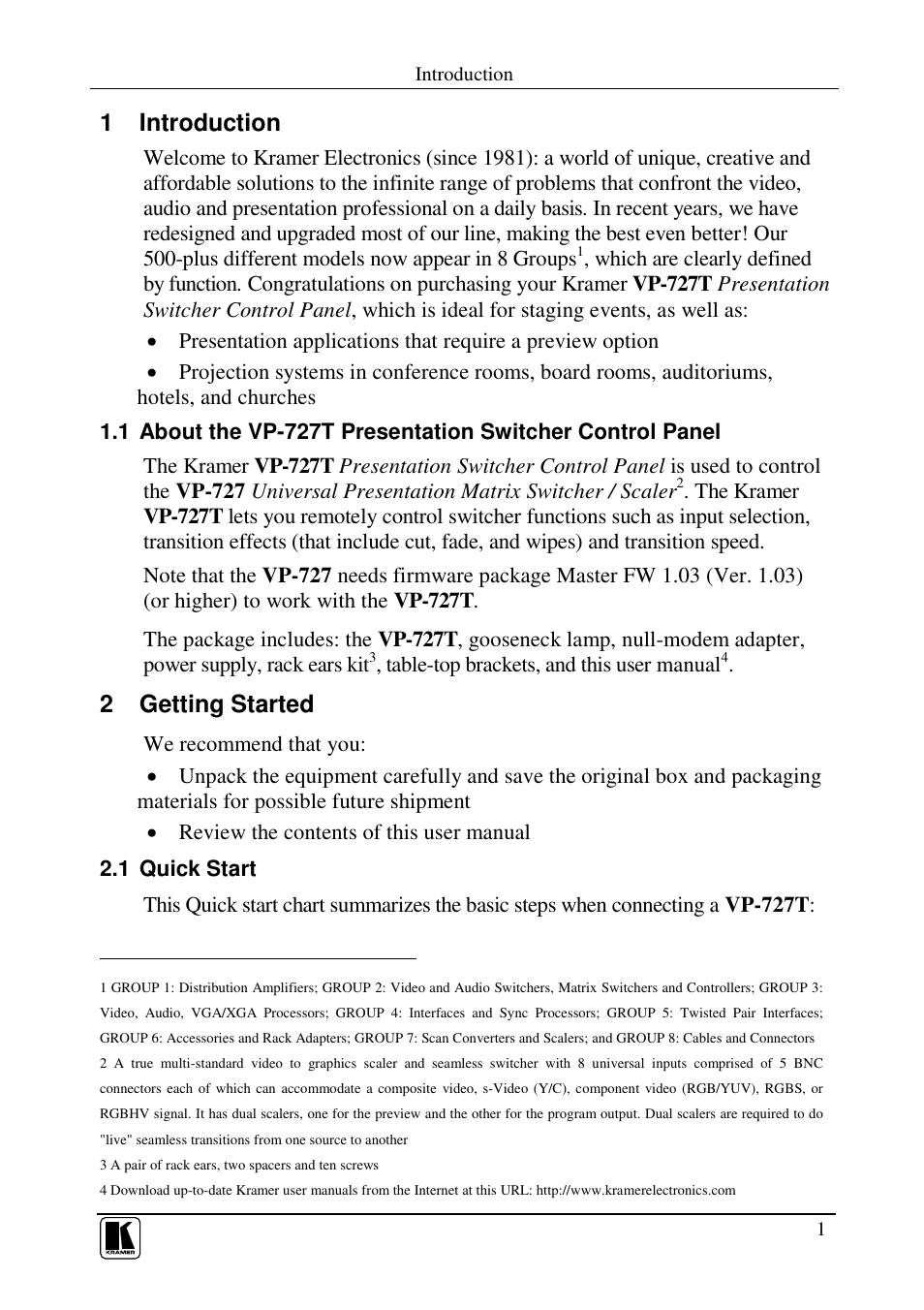 1 introduction, 2 getting started | Kramer Electronics VP-727T User Manual | Page 3 / 19
