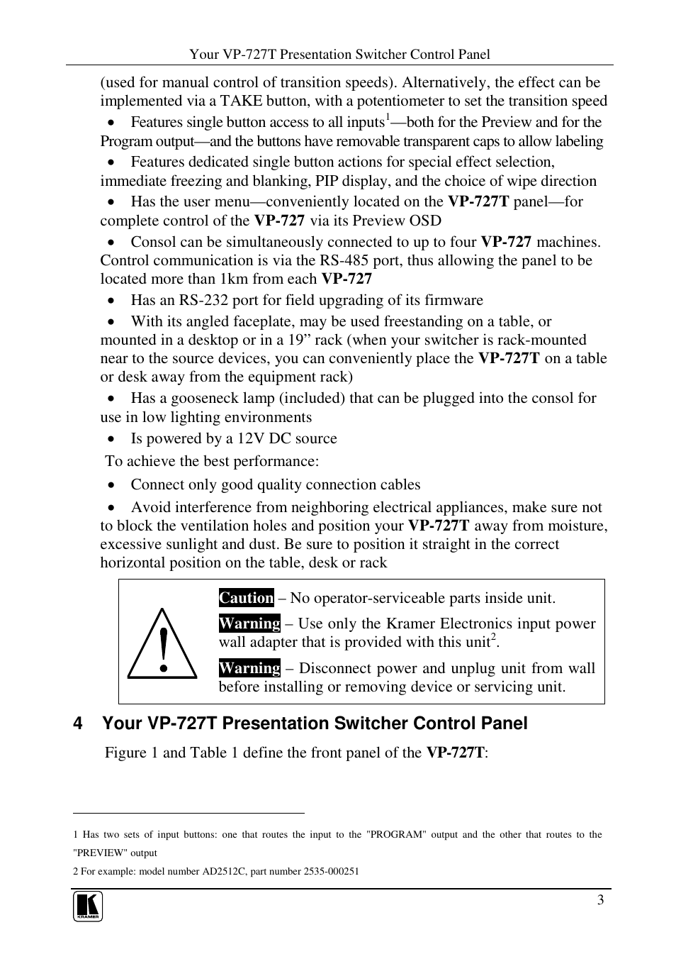 4 your vp-727t presentation switcher control panel | Kramer Electronics VP-727T User Manual | Page 5 / 19
