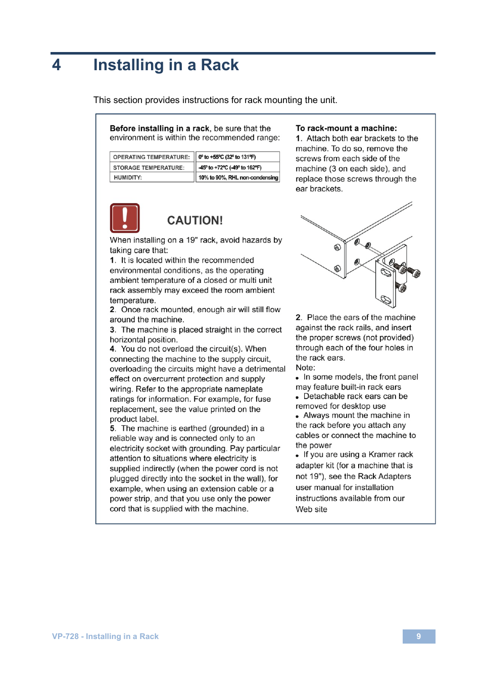 4 installing in a rack, Installing in a rack, 4installing in a rack | Kramer Electronics VP-728 User Manual | Page 14 / 69