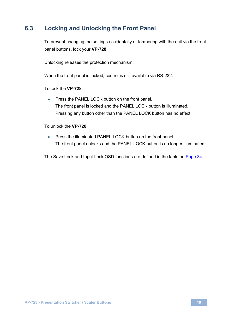 3 locking and unlocking the front panel, Locking and unlocking the front panel | Kramer Electronics VP-728 User Manual | Page 24 / 69