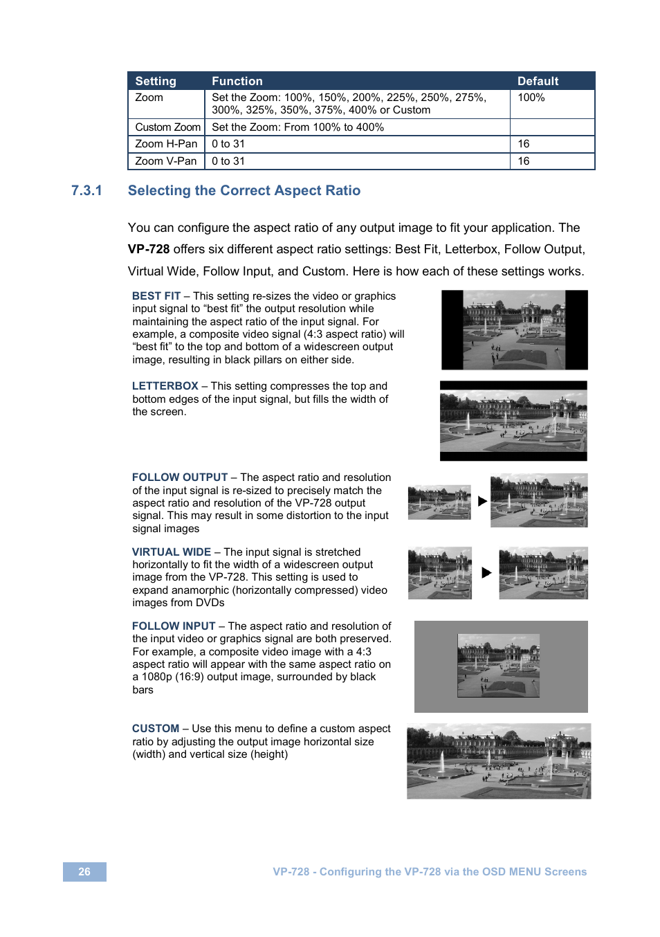 1 selecting the correct aspect ratio | Kramer Electronics VP-728 User Manual | Page 31 / 69