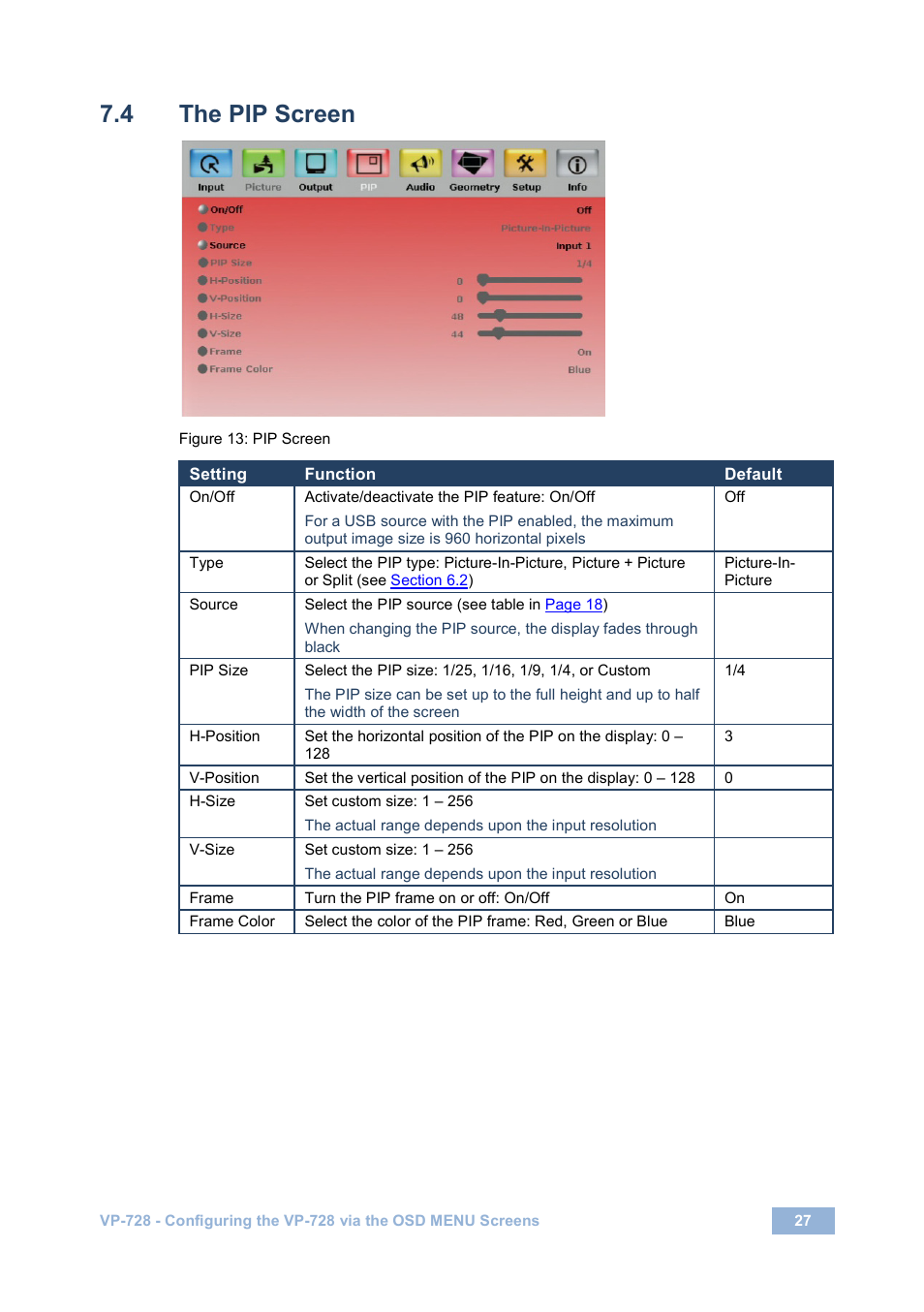 4 the pip screen, The pip screen, Figure 13: pip screen | Figure 13 | Kramer Electronics VP-728 User Manual | Page 32 / 69