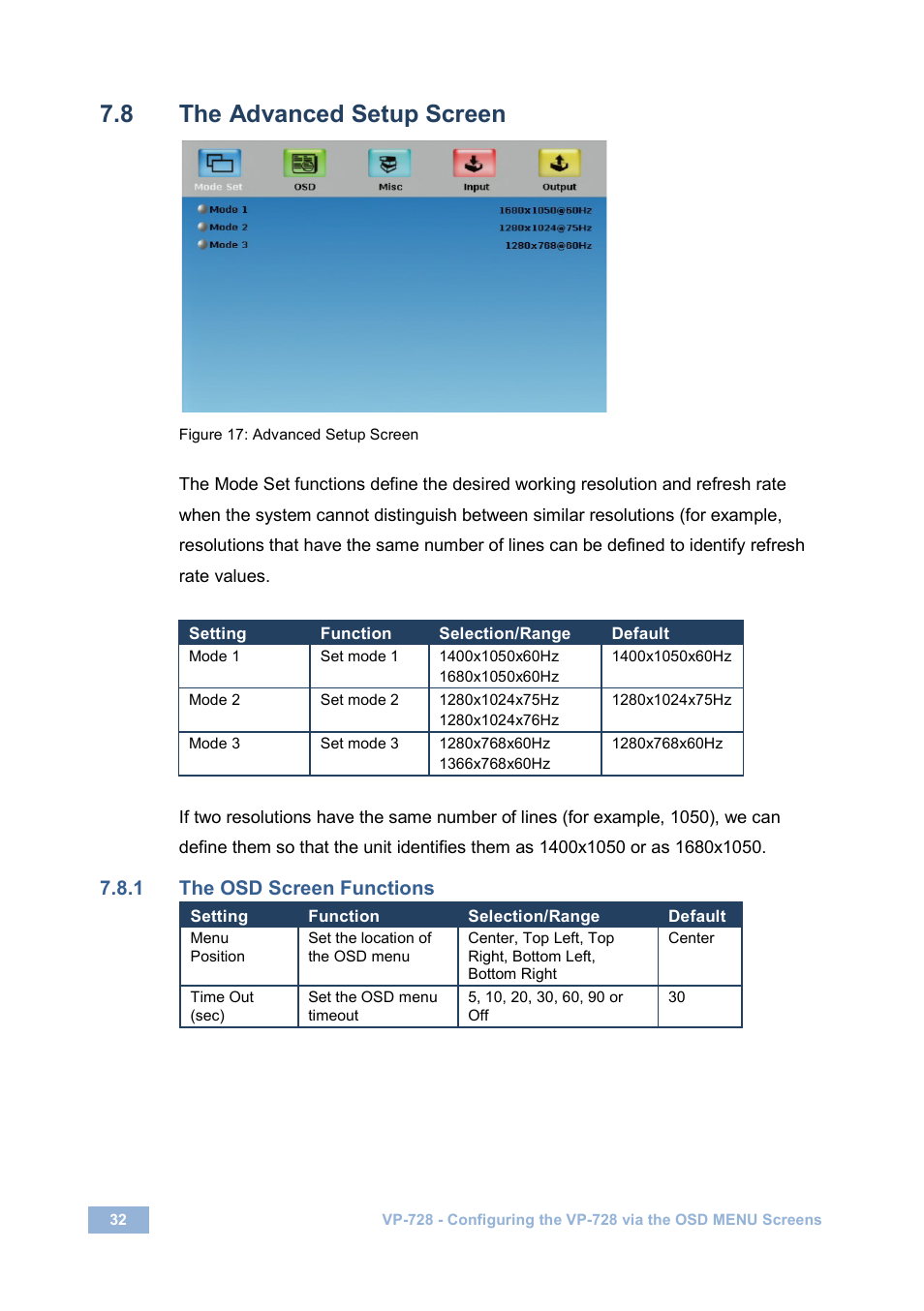 8 the advanced setup screen, 1 the osd screen functions, The advanced setup screen | Figure 17: advanced setup screen, Figure 17, On 7.8 | Kramer Electronics VP-728 User Manual | Page 37 / 69