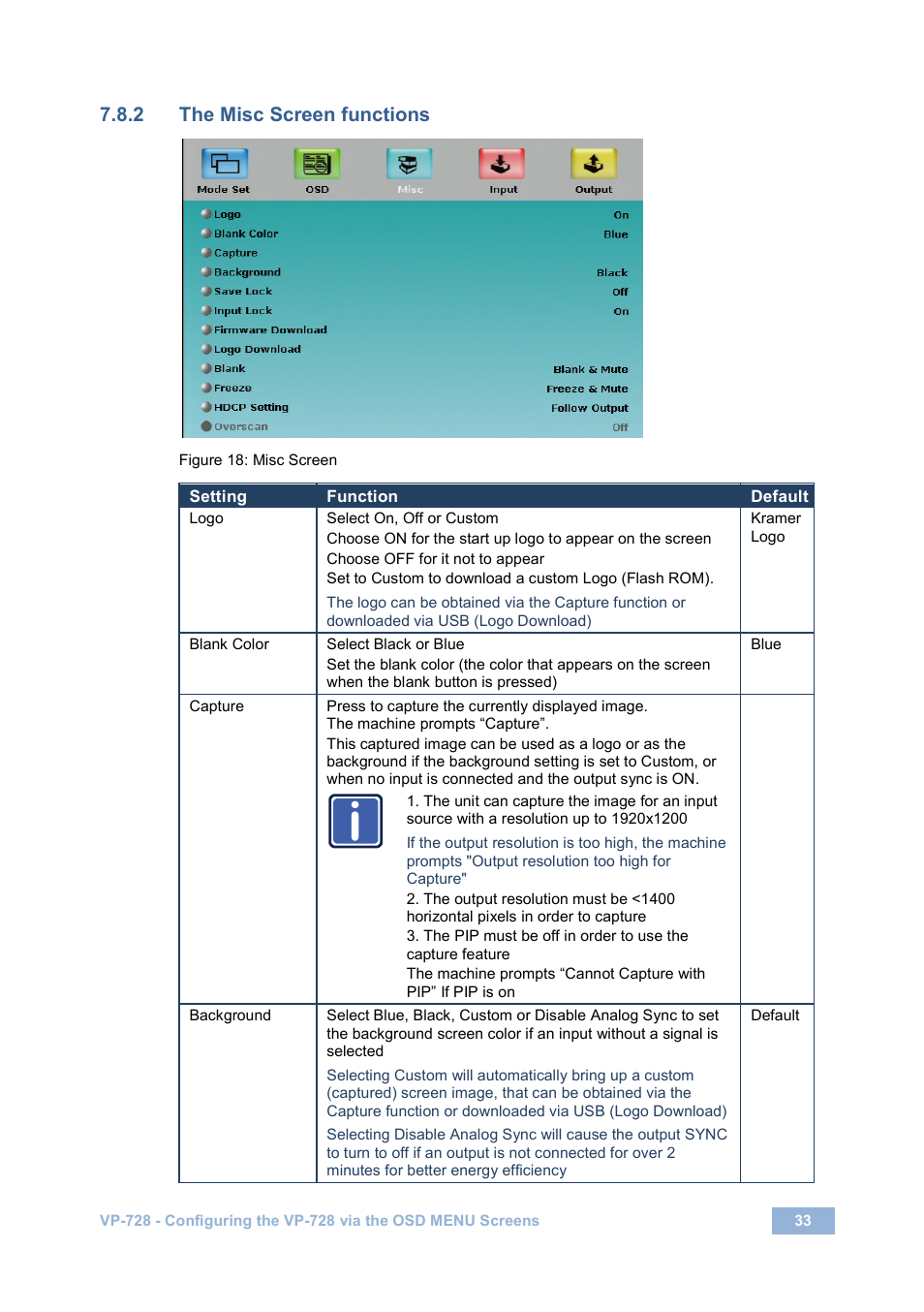 2 the misc screen functions, Figure 18: misc screen, Ge 33 | Age 33 | Kramer Electronics VP-728 User Manual | Page 38 / 69