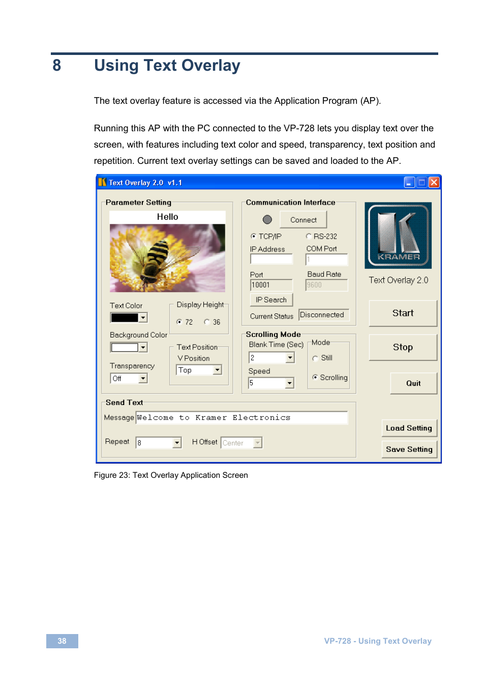 8 using text overlay, Using text overlay, Figure 23: text overlay application screen | 8using text overlay | Kramer Electronics VP-728 User Manual | Page 43 / 69