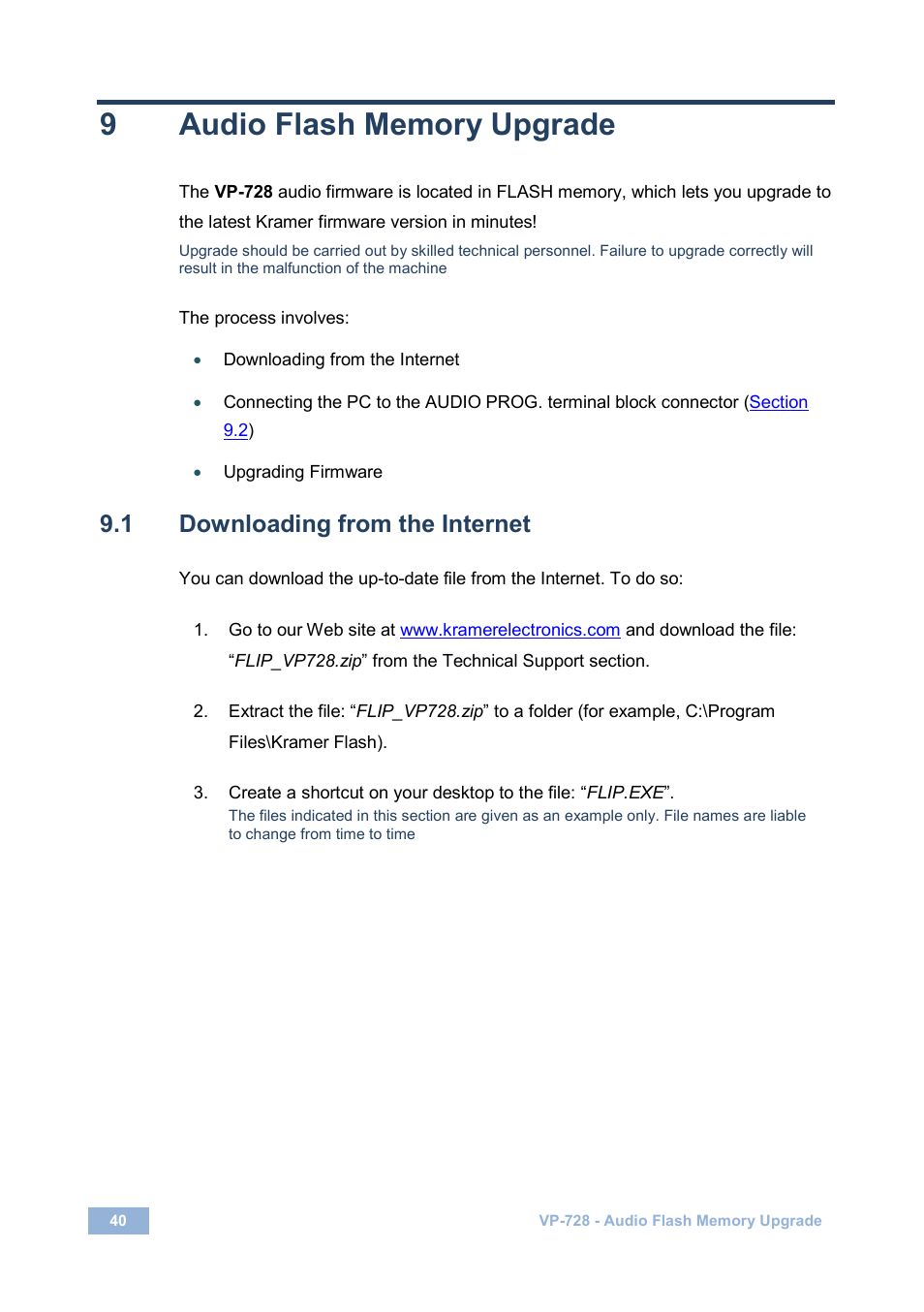 9 audio flash memory upgrade, 1 downloading from the internet, Audio flash memory upgrade | Downloading from the internet | Kramer Electronics VP-728 User Manual | Page 45 / 69