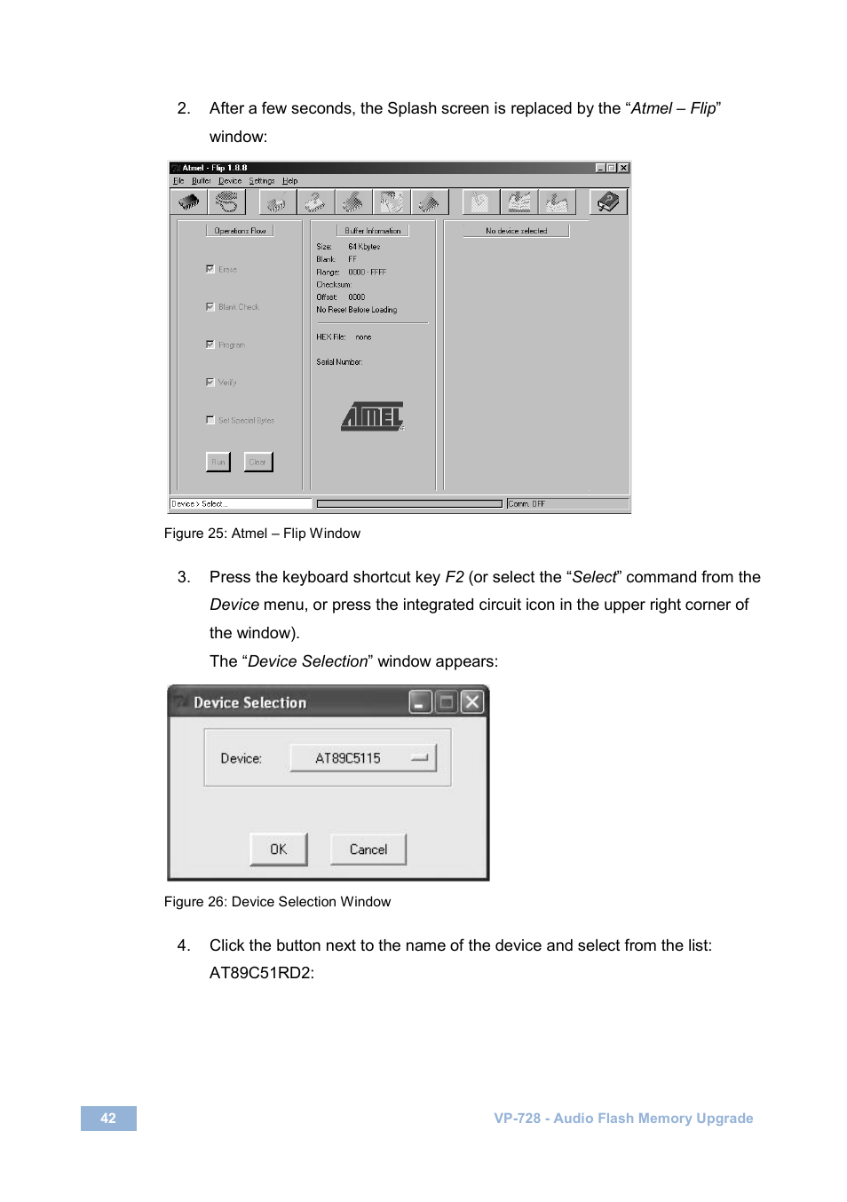 Figure 25: atmel – flip window, Figure 26: device selection window | Kramer Electronics VP-728 User Manual | Page 47 / 69