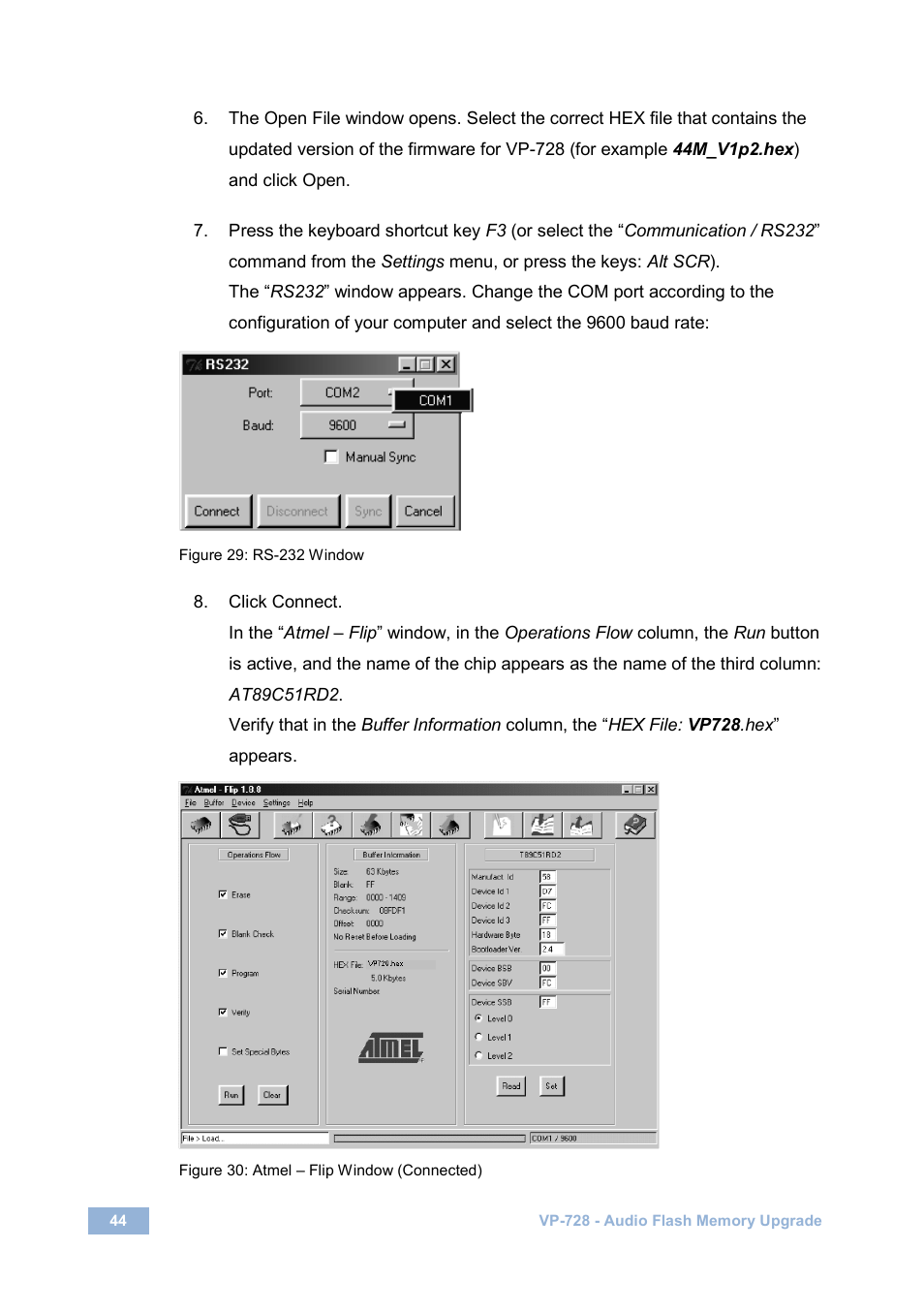 Figure 29: rs-232 window, Figure 30: atmel – flip window (connected) | Kramer Electronics VP-728 User Manual | Page 49 / 69