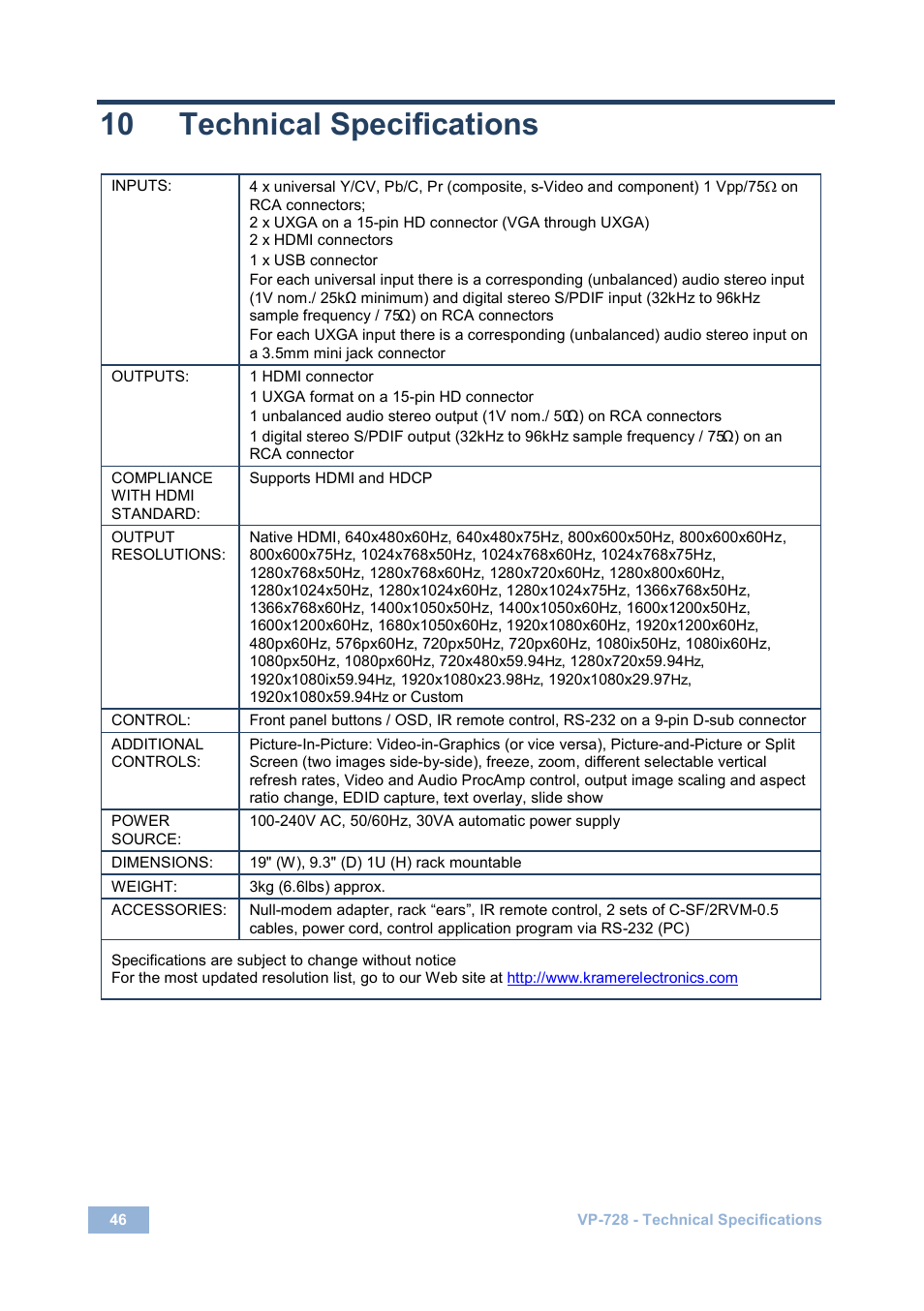 10 technical specifications, Technical specifications | Kramer Electronics VP-728 User Manual | Page 51 / 69