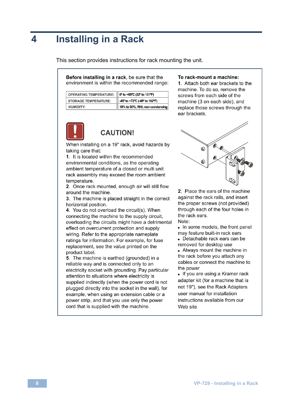 4 installing in a rack, Installing in a rack, 4installing in a rack | Kramer Electronics VP-729 User Manual | Page 13 / 67