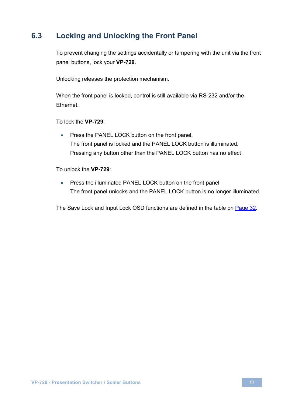 3 locking and unlocking the front panel, Locking and unlocking the front panel | Kramer Electronics VP-729 User Manual | Page 22 / 67