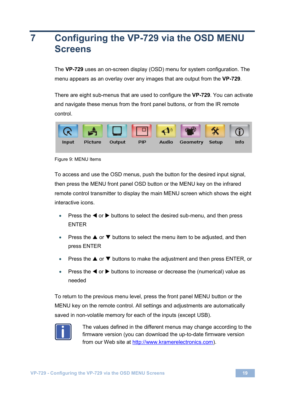 7 configuring the vp-729 via the osd menu screens, Configuring the vp-729 via the osd menu screens, Figure 9: menu items | 7configuring the vp-729 via the osd menu screens | Kramer Electronics VP-729 User Manual | Page 24 / 67