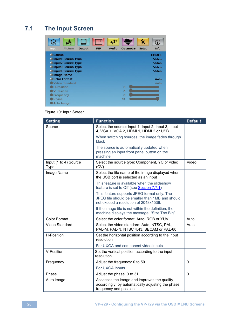 1 the input screen, The input screen, Figure 10: input screen | Kramer Electronics VP-729 User Manual | Page 25 / 67