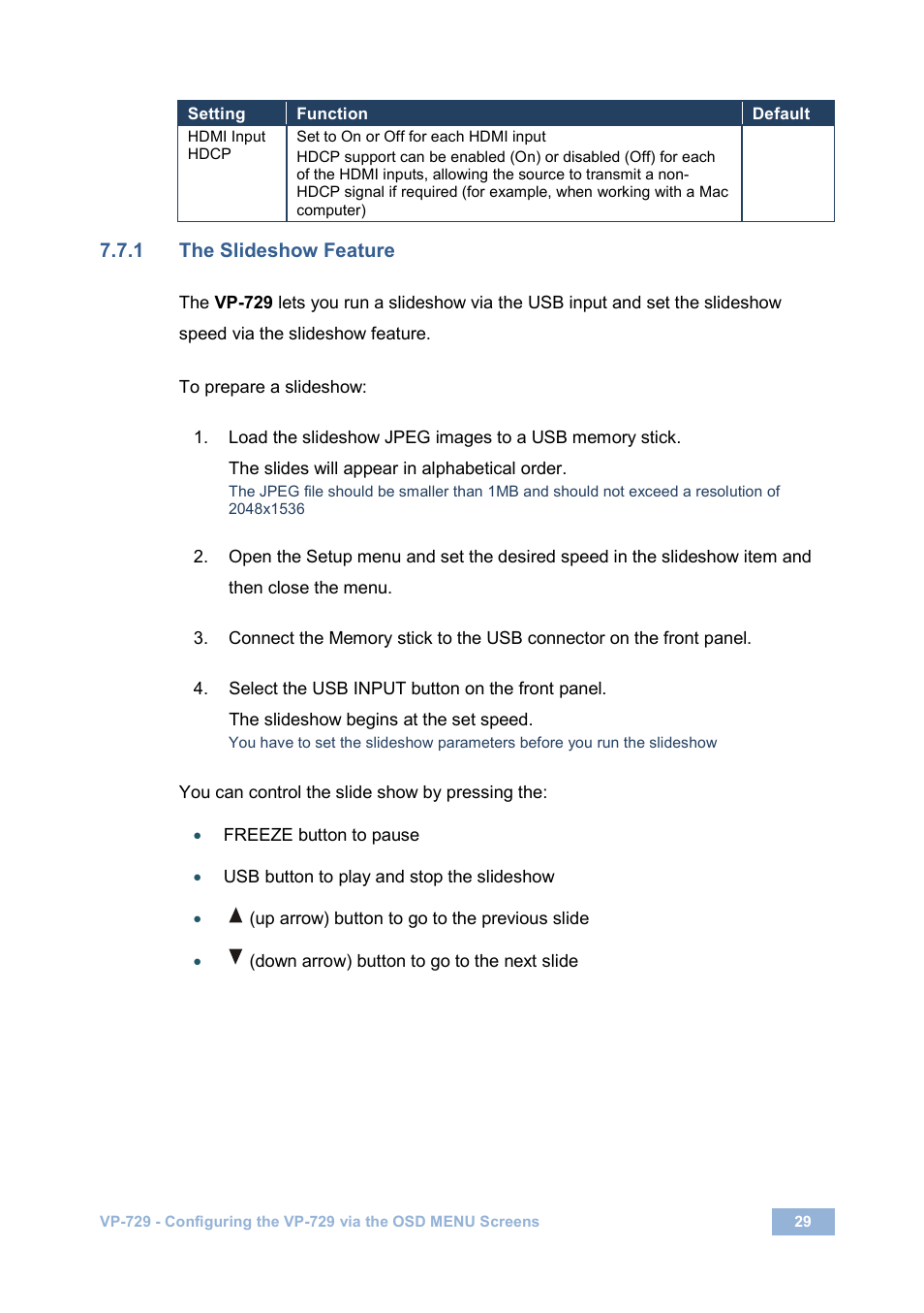 1 the slideshow feature, N 7.7.1, Age 29 | On 7.7.1 | Kramer Electronics VP-729 User Manual | Page 34 / 67