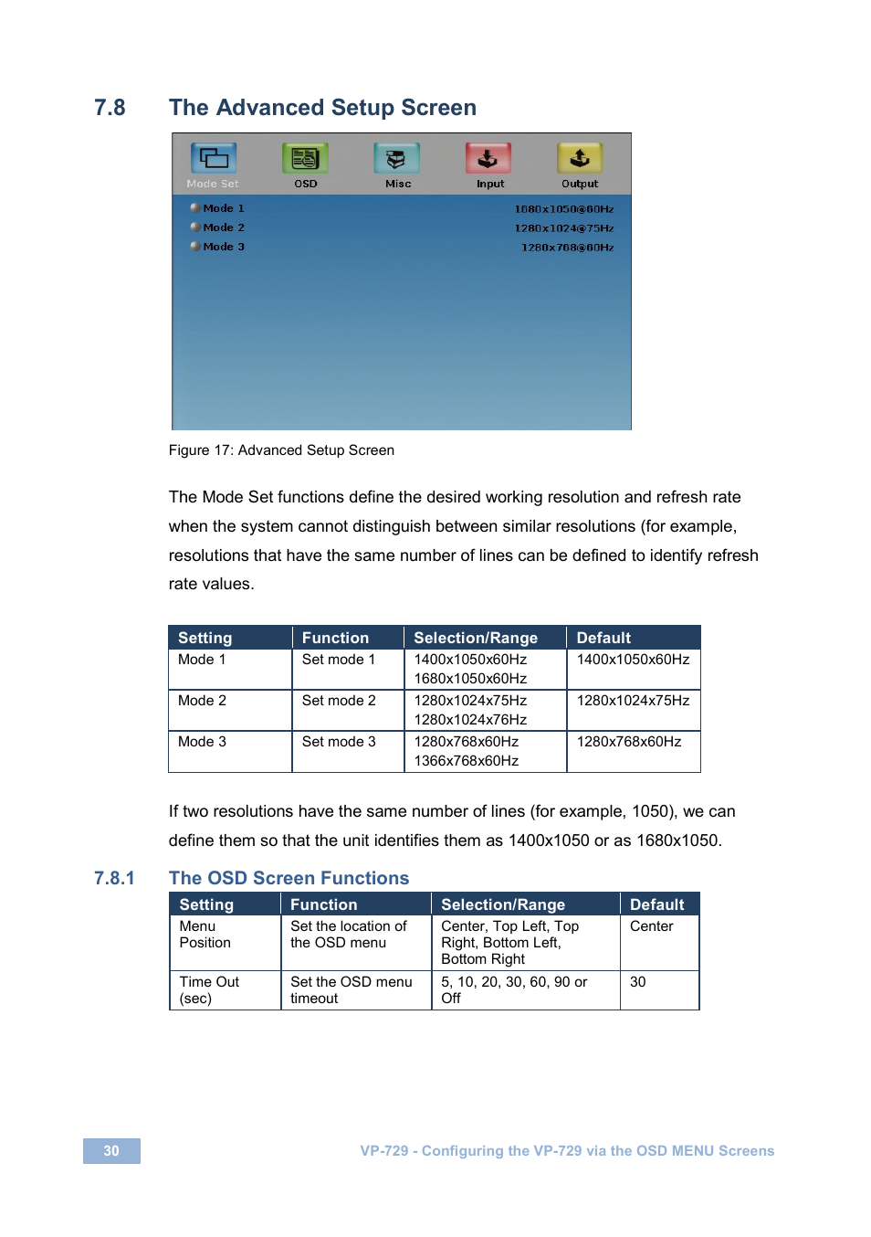 8 the advanced setup screen, 1 the osd screen functions, The advanced setup screen | Figure 17: advanced setup screen, Figure 17, On 7.8 | Kramer Electronics VP-729 User Manual | Page 35 / 67