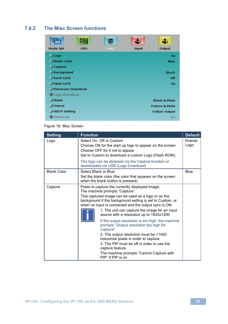 2 the misc screen functions, Figure 18: misc screen, Ge 31 | Age 31 | Kramer Electronics VP-729 User Manual | Page 36 / 67